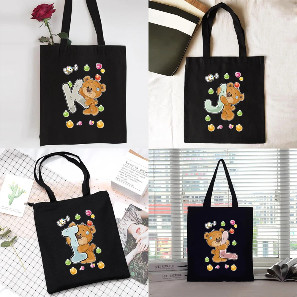 

Shopping Bag Women Canvas Shopper Shoulder Bag Eco Handbag 2022 Fashion Organizer Tote Bag Commute Grocery Bag Bear Letter Print