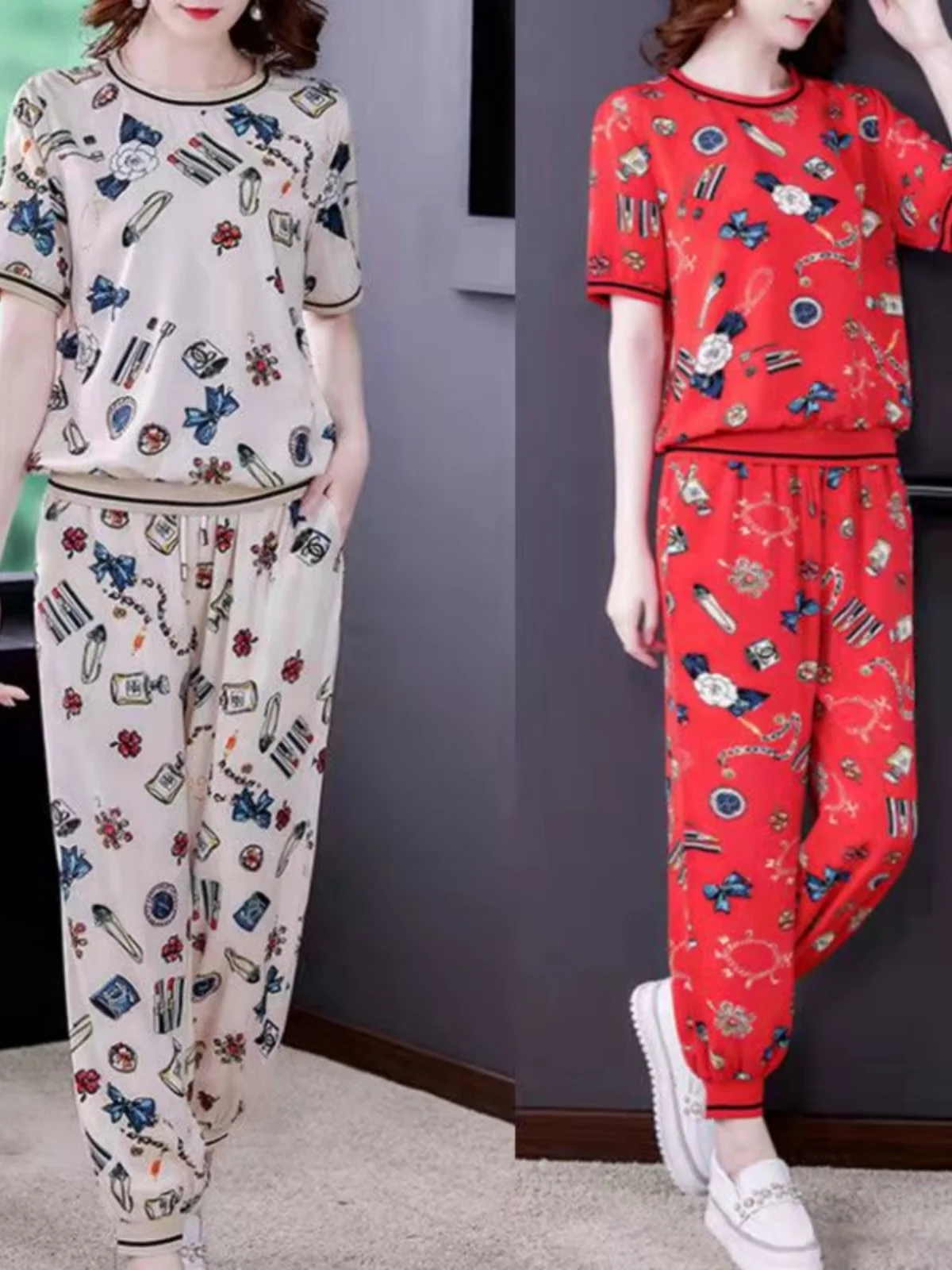 

Модный повседневный тонкий комплект-двойка больших размеров для женщин в корейском стиле: летний свободный трендовый костюм для мам, антивозрастной ансамбль