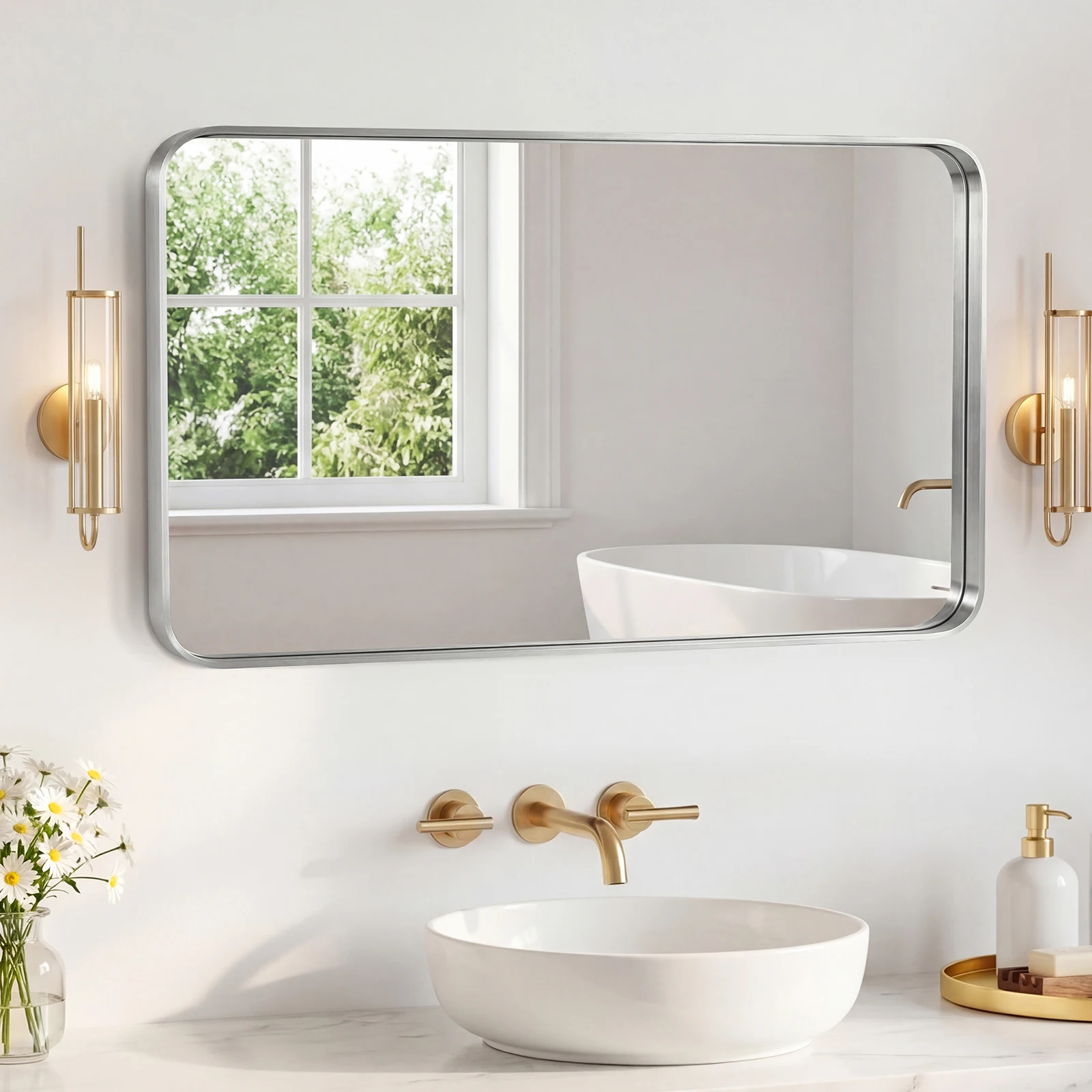 

Bathroom Mirror 29.53X47.64 Inch Black Metal Frame Rectangle Vanity Mirror with Rounded Corners, Modern Wall Mounted Anti-Rust Mirror for Farmhouse, Restroom, Entryway, Horizontal or Vertical Hanging