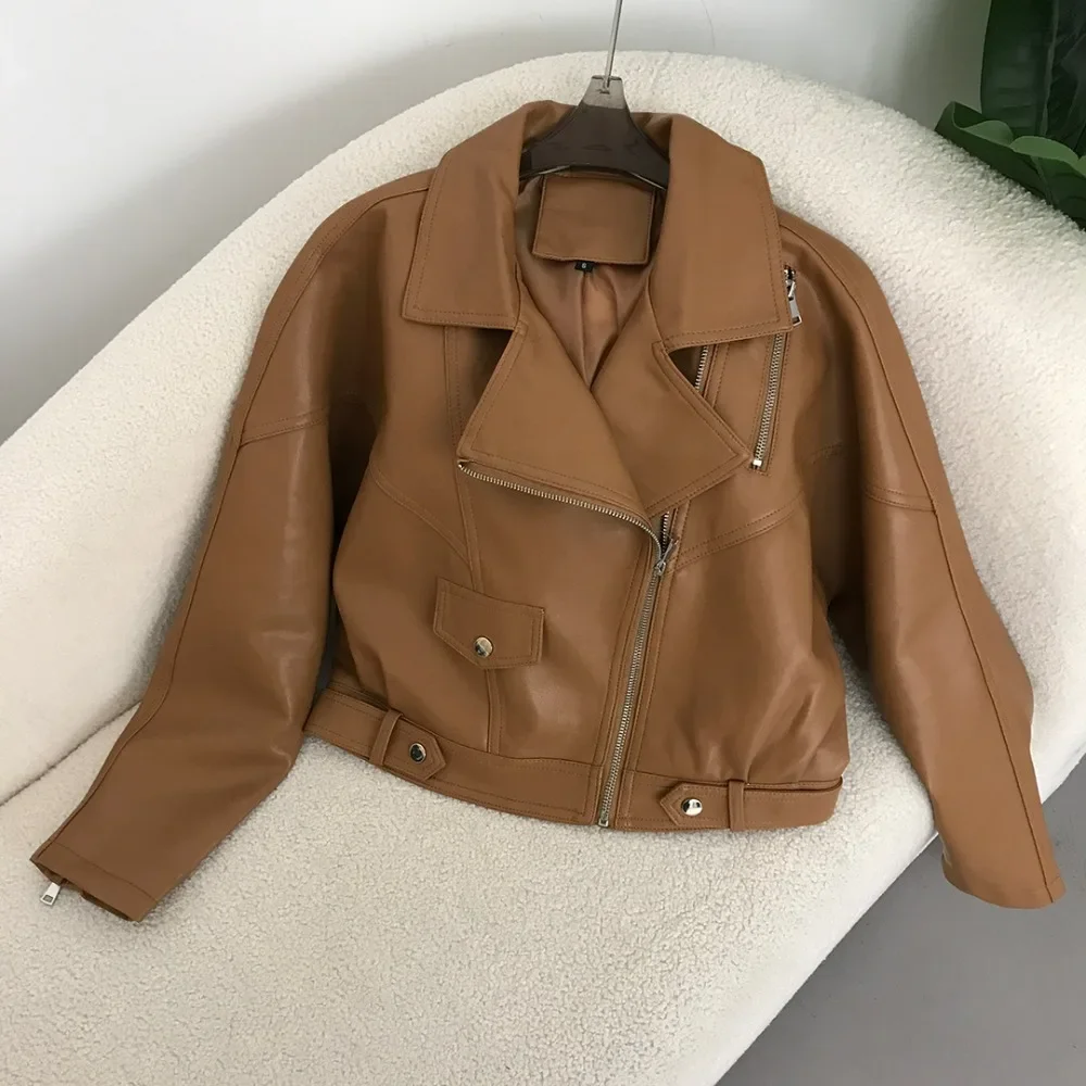 Faux Leather Coats Ladies PU Leather Jacket for Women Fashion Motorcycle Brown Outwear Streetwear Spring Autumn Zipper Biker