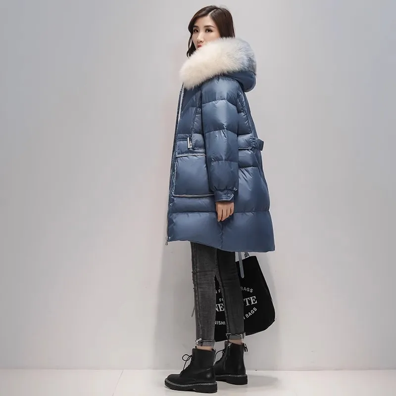 Medium long down Jacket for women Winter 2025 New Fashion Big fur collar White duck down Thick Coat Female Warm Parka Overcoat