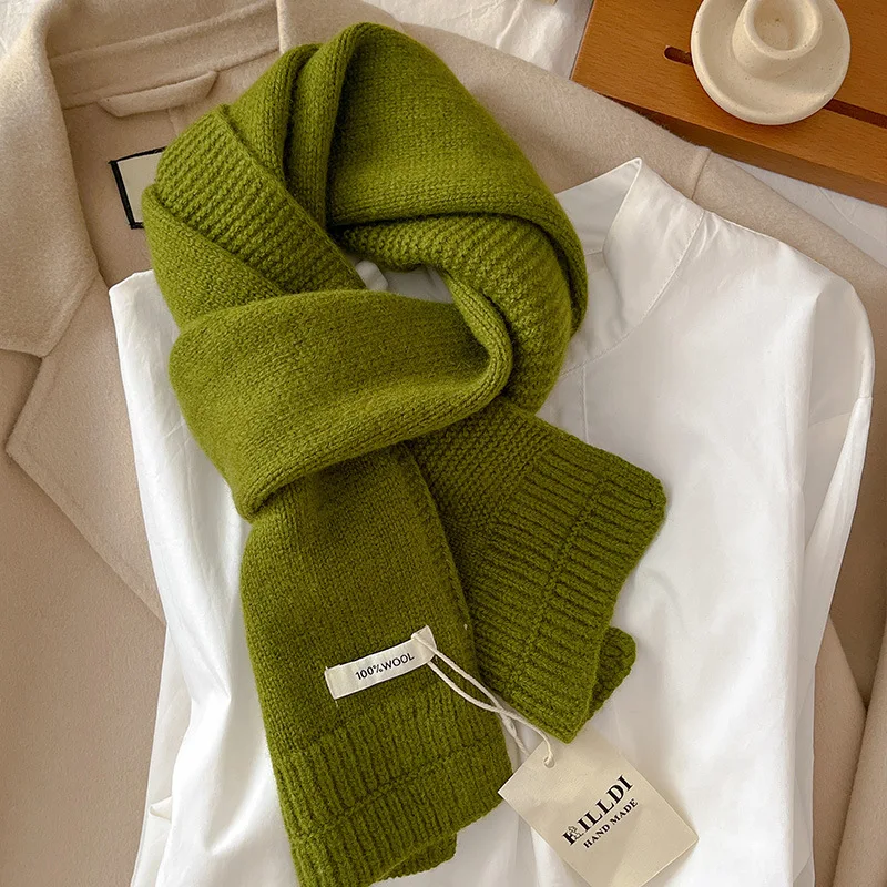 

100% Pure Wool Knitted Winter Scarf Woman Autumn Soft Warm Thick Green Wool Neck Warmer Muffler Ladies Accessories