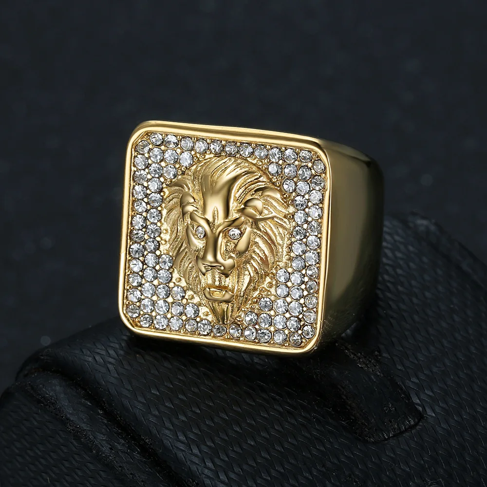 Besiko New HIPHOP Men's Punk Rings Stainless Steel Gold Silver Plated Full Cz Zircon Square Rock Lion Head Men Ring Jewelry