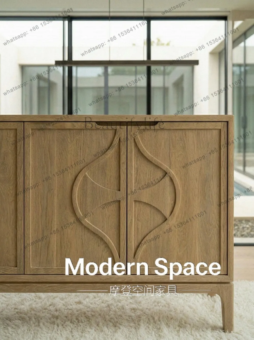 American Nordic modern simple solid wood dining side cabinet light luxury storage geometric carved decorative cabinet