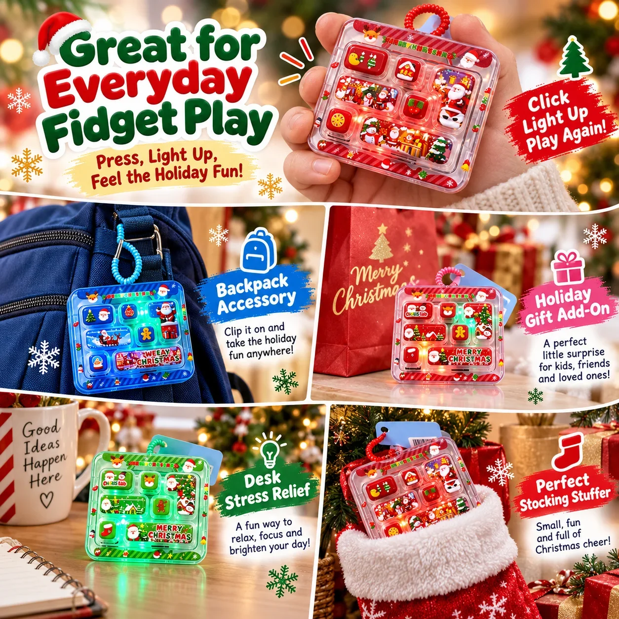 LED Keyboard Fidget Keychain 7-Key Clicker Button Glowing Cartoon Keycap Bag Hanger Charm Stress Relief Novelty Gift Set