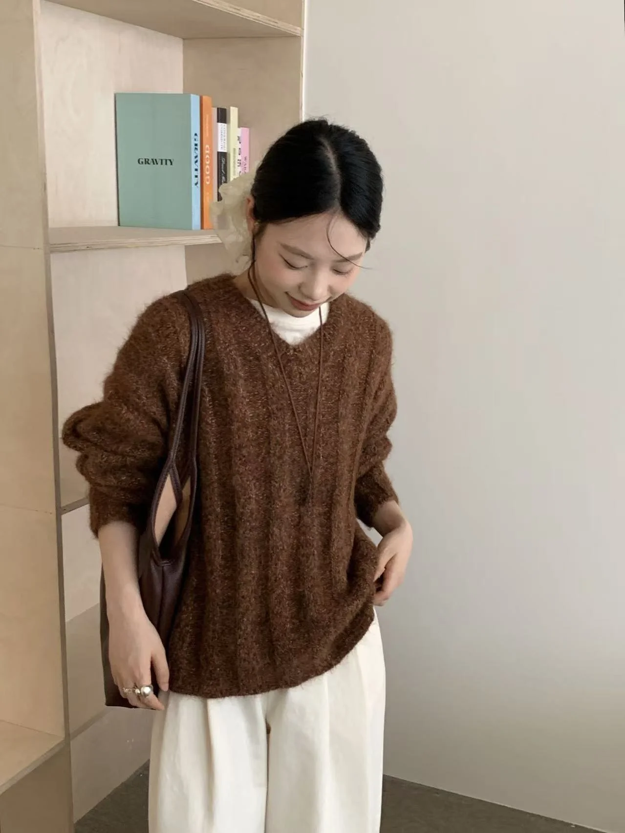 

Warm Wool Knitted Sweater V-Ne Korean Sle Color Early Autumn Versatile Outerwear Floral Tead Soft Long Sve Girls