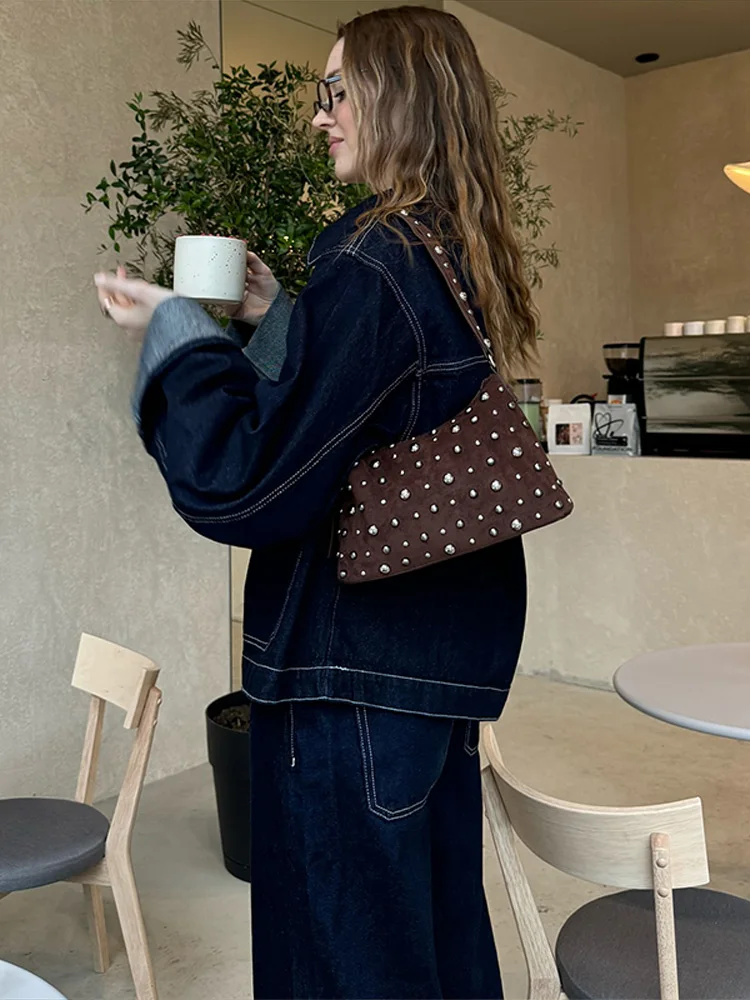 التلبيب سستة جيوب الدنيم الستر معاطف السراويل 2 قطعة مجموعات فضفاض طويلة الأكمام الصلبة القمم الجينز الدعاوى شارع العليا ملابس غير رسمية #6