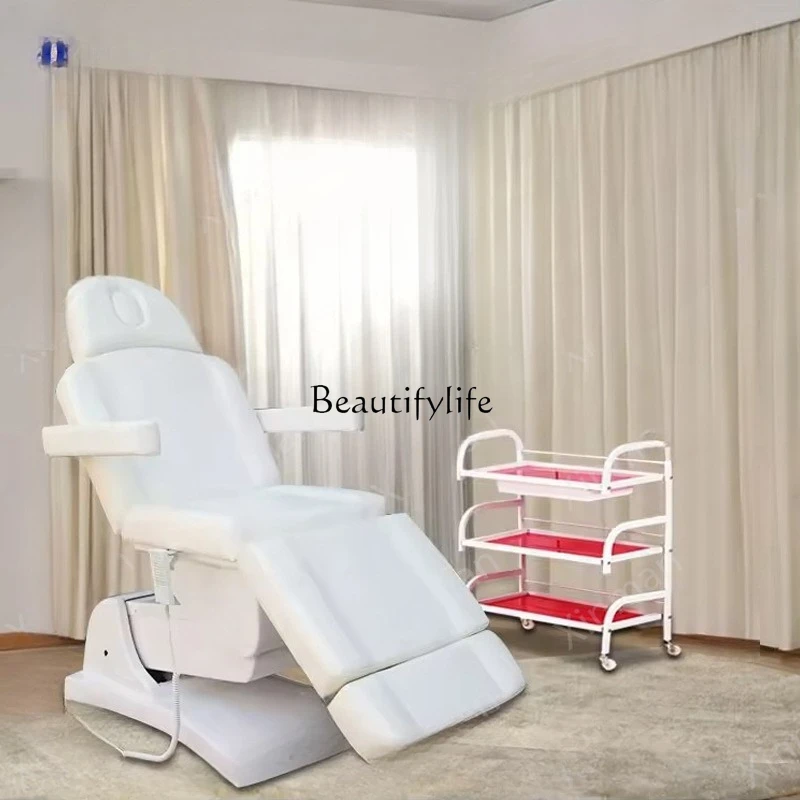 

04High-end luxury beauty salon eyelash bed gold-plated base with foot control 5 motor beauty massage bed with LED light