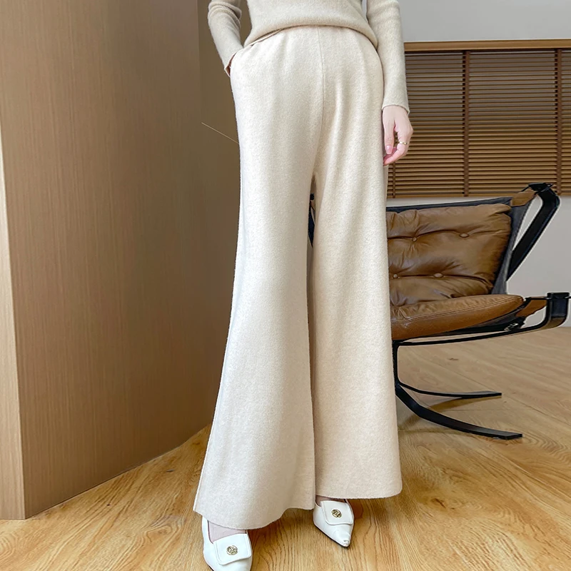 

Autumn and Winter New Wool Knitted Wide Leg Pants 100% Pure Wool 2024 Hot Selling Solid Color Slimming High Waist Wool Pants