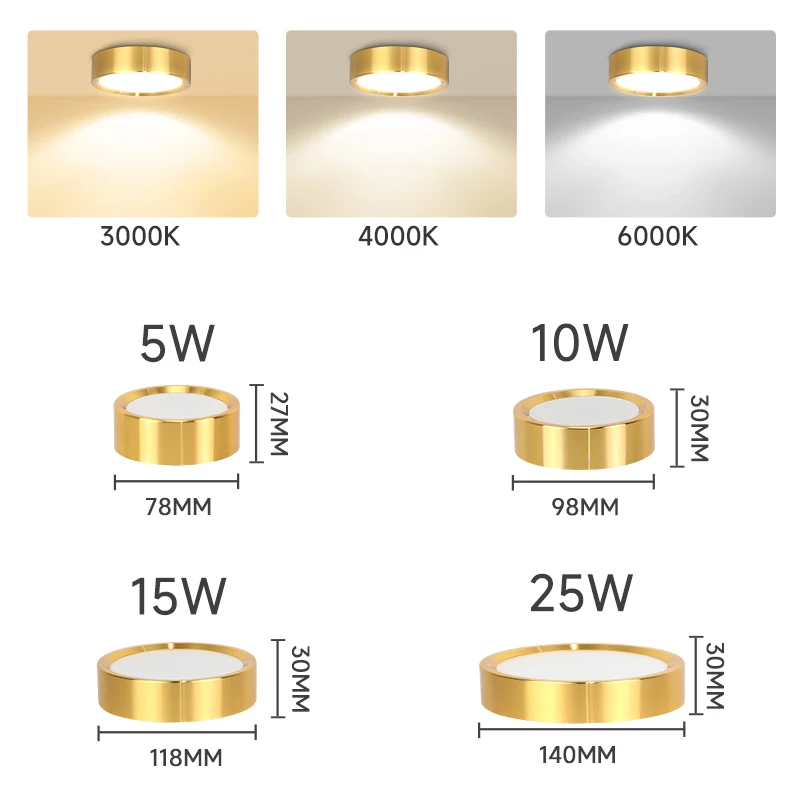 Dimmable golden round ceiling light Wood LED Downlight LED Spotlight 3 colors for Living Room Bedroom Corridor 5W 10W 15W 25W