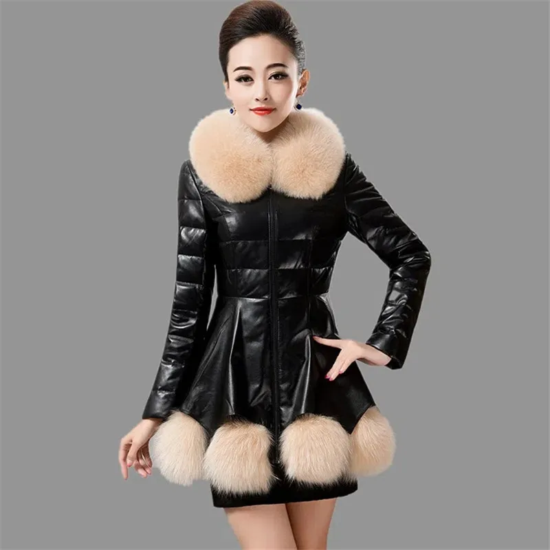 Big Hair Cllar Thicken Leather Coat Female Autumn Winter Jacket Mid-Length Leather Cotton Coat Fashion Women\'s PU Leather Jacket