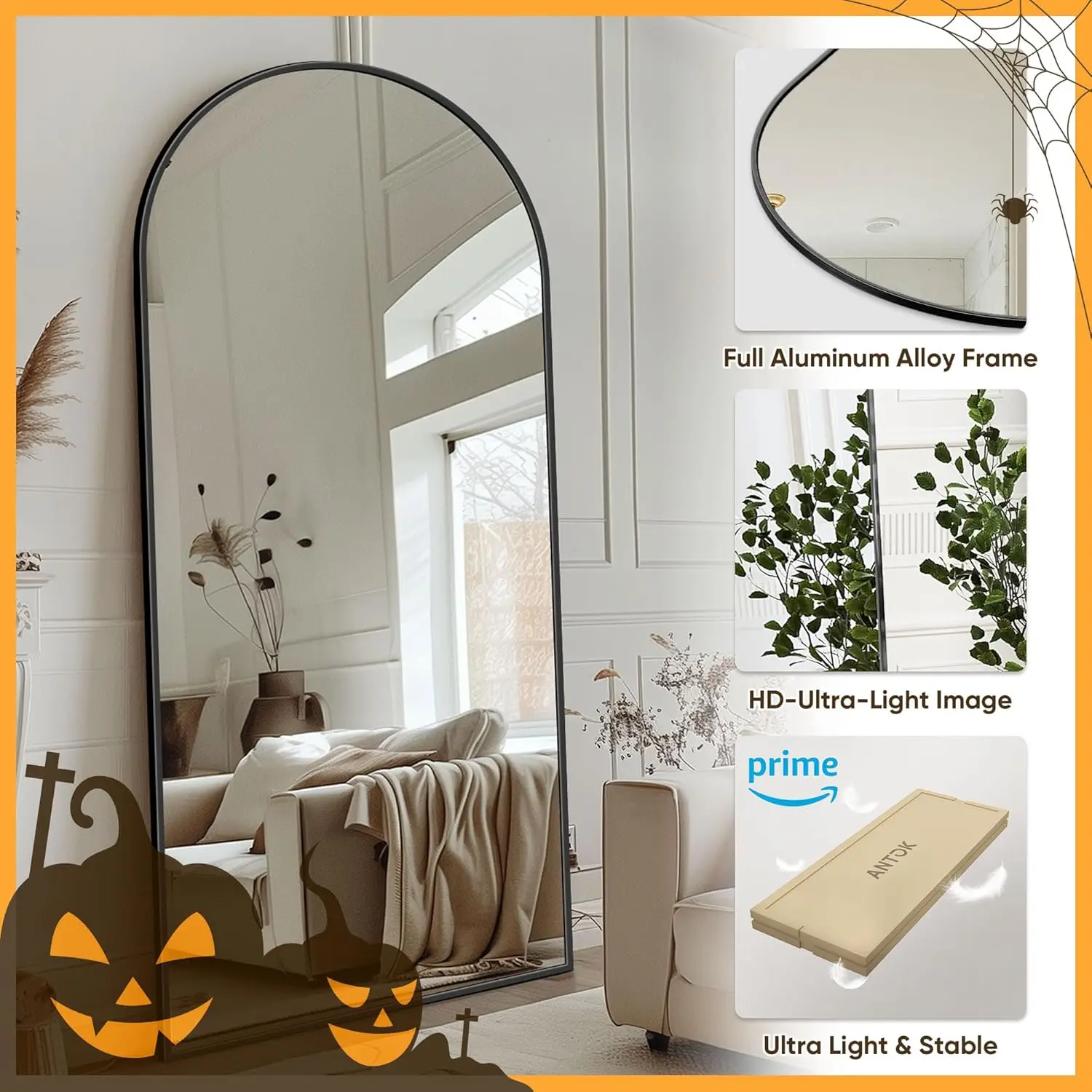 Miroir de sol autoportant avec support, miroir sur pied, miroir complet avec arche, chambre à coucher, Hangi, 76 po x 34 po