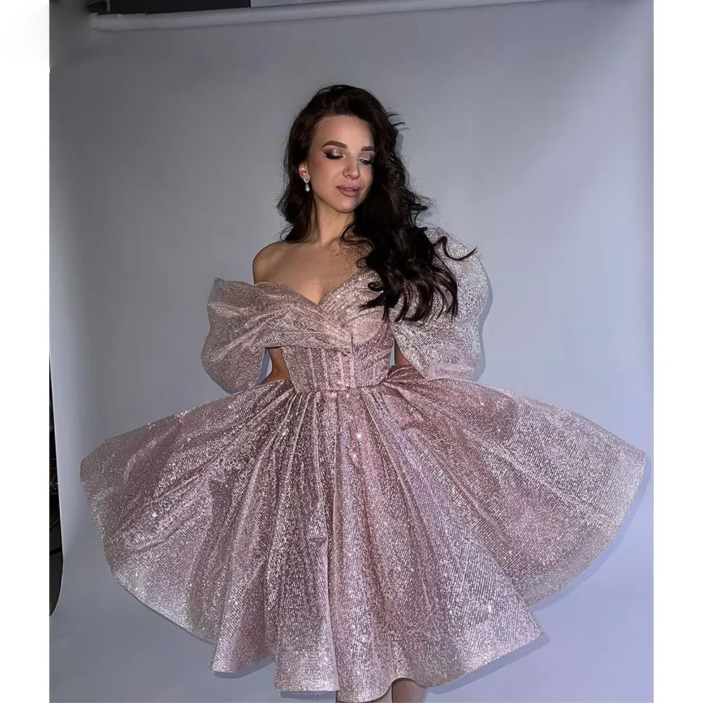 

Customized Sparkling Pink Tulle A Line Short Prom Dresses Off shoulder Sweetheart Special Event Dress Mini Birthday Party Dress