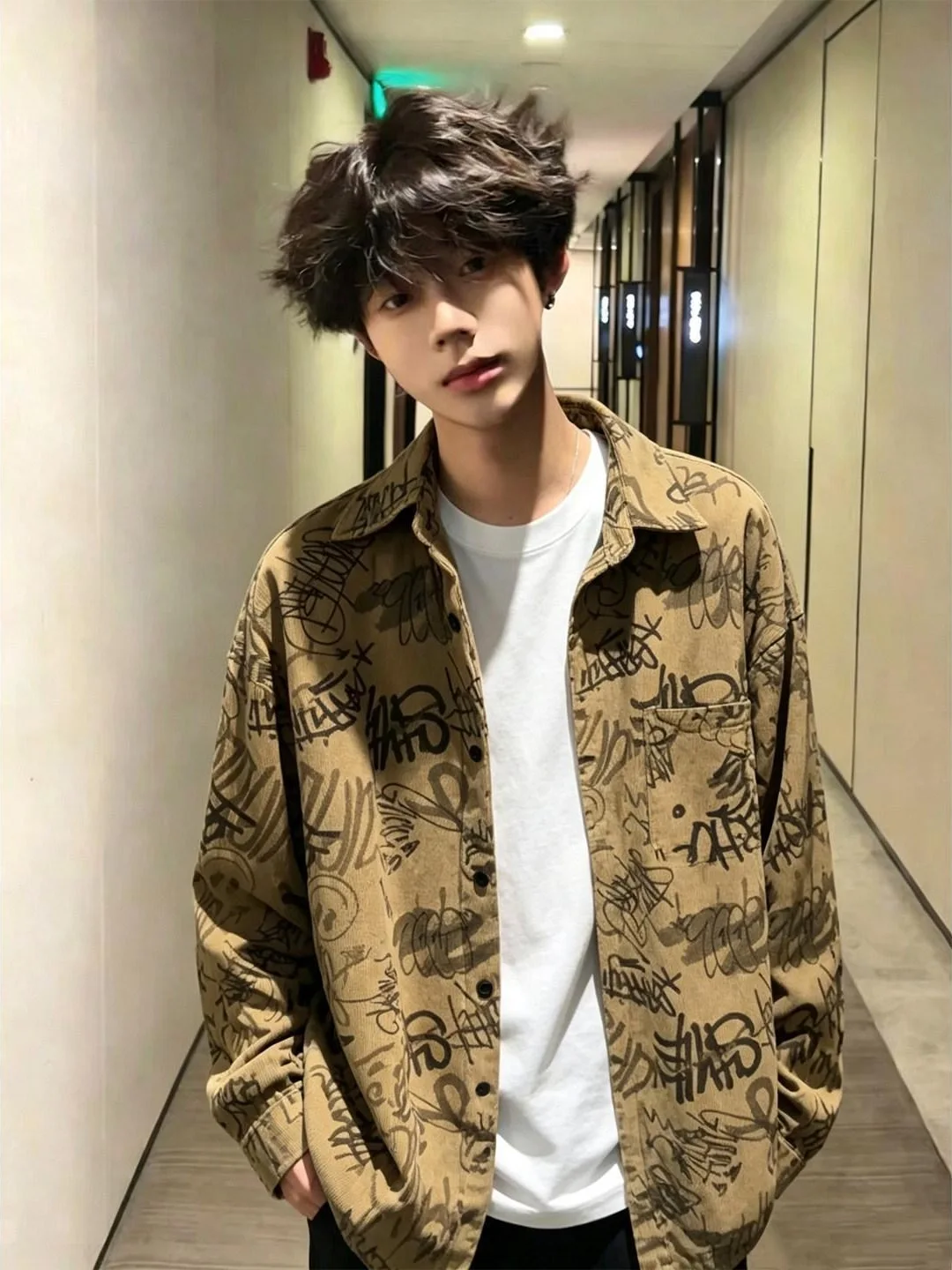 Retro American Graffiti Print Long Sleeve Men's Shirt Corduroy Jacket Neutral Style Autumn Fashion Brand Youthful Breathable