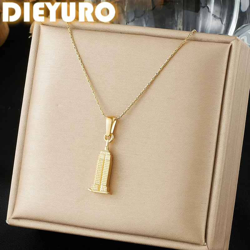 DIEYURO 316L Stainless Steel Golden Mini Empire State Building Pendant Necklace for Women New York Landmark Travel Charm Jewelry