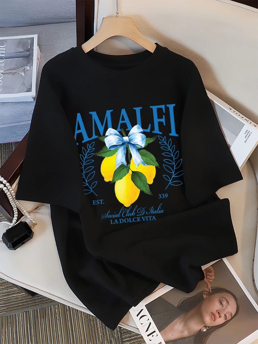 

Amalfi Coast Lemon Fruits Print Women T-Shirt Y2K O-Neck T Shirts Hip Hop Loose Clothes Cotton Comfortable Female Streetwear