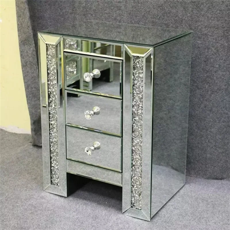 

New style high quality modern light luxury silver bedside cabinet bedroom furniture mirror side table with drawer cupboard