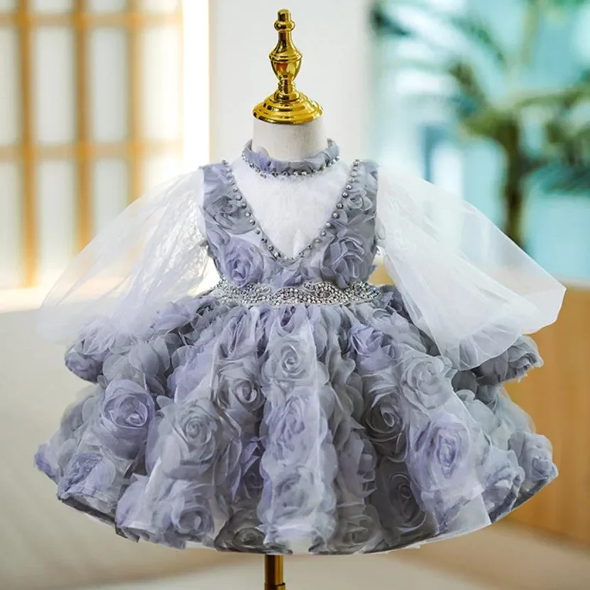 Baby Spanish Lolita Princess Ball Gown Floral Stitching Beading Design Birthday Baptism Party Easter Eid Dresses For Girls A2507