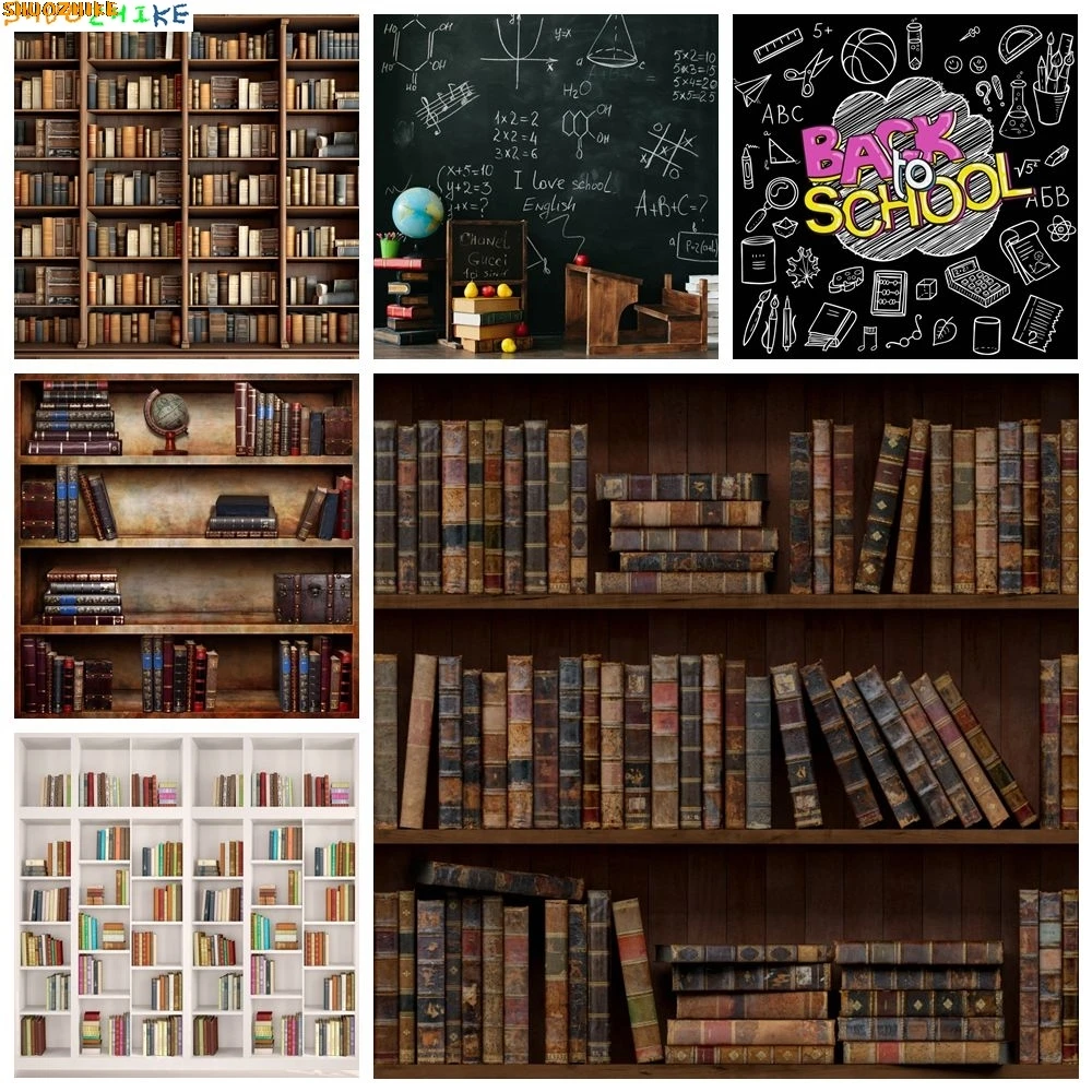 

Back To School Photography Backdrop Library Bookshelf Books Blackboard Interior Baby Kids Portrait Photo Background Photobooth