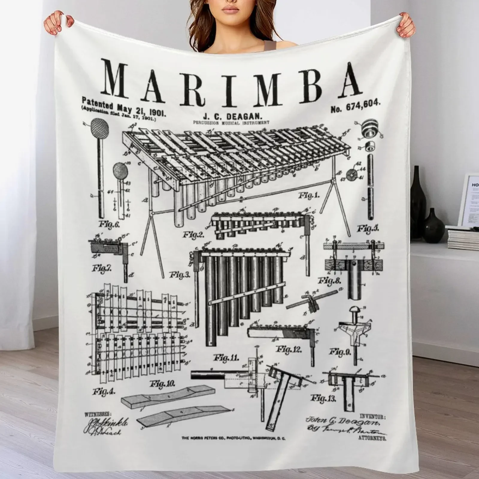Manta decorativa vintage con diseño de marimba, instrumento musical de percusión, regalo para Navidad