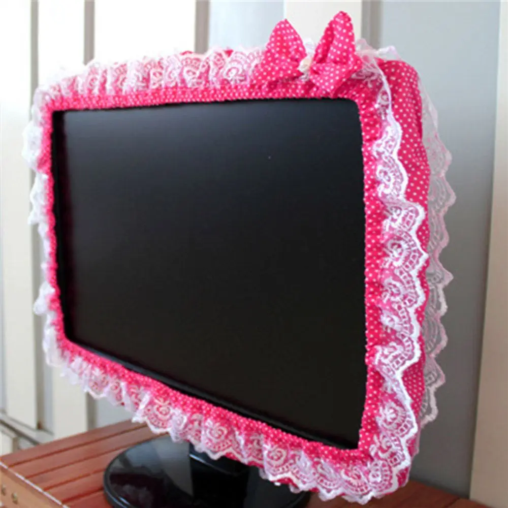 Washable Lace Fabric Computer Frame Cover Monitor Screen Dust Cover With Elastic Pen Pocket Bow Home Decorations