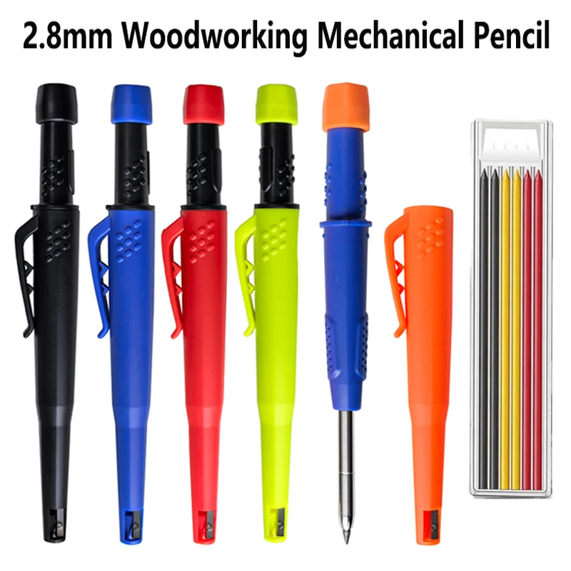 5 Colors 2.8mm Solid Woodworking Mechanical Pencil with Pen Cover 2B Black Yellow Red Lead Long Headed Carpenter Marking Pencil