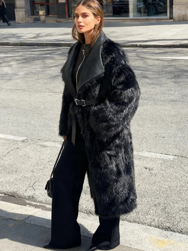 

Повседневное двустороннее длинное пальто из искусственного меха, женское винтажное плюшевое свободное пальто с большим воротником, новая зимняя классическая шикарная уличная верхняя одежда