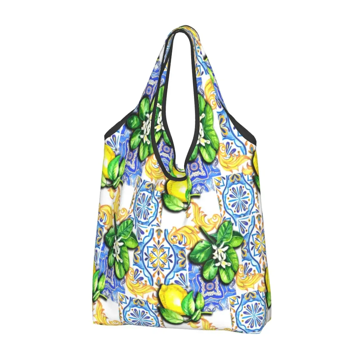 Reusable Mediterranean Tiles Summer Fruit Lemons Shopping Bag Women Tote Bag Portable Grocery Shopper Bags