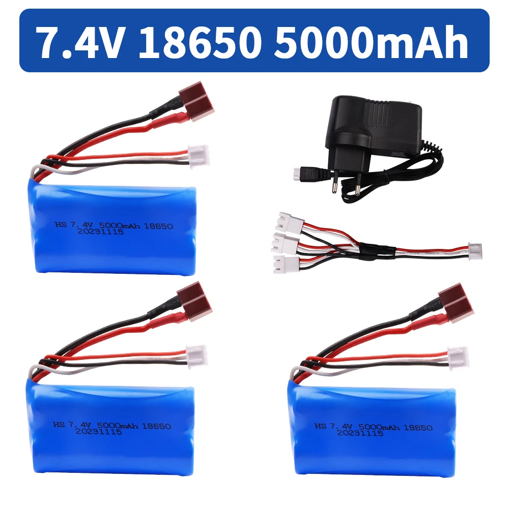 Upgrade baterai 7.4V 18650 5000MAH untuk mobil listrik, suku cadang mobil RC Wltoys 10428/12428/12423 / Q46 dengan pengisi daya 7.4V colokan T