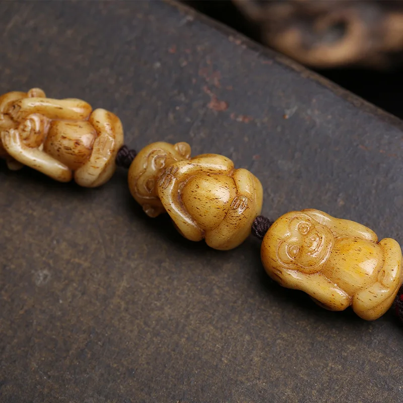 Tibetan Returned Bone Carving Wukong San Bu Monkey Pendant Jewellery Tibetan Tassel Handmade Braided Rope Pendant Charms