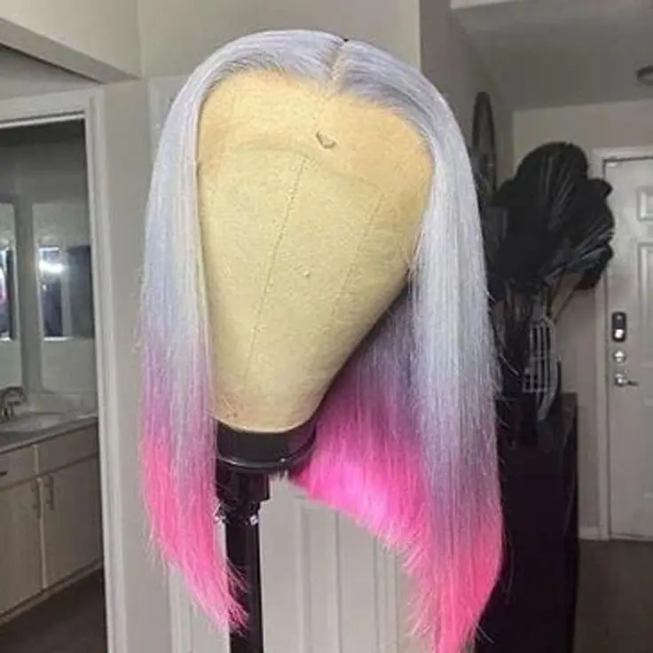 

Straight Short Bob Grey Pink Ombre Lace Front Wig Ombre Wigs Remy