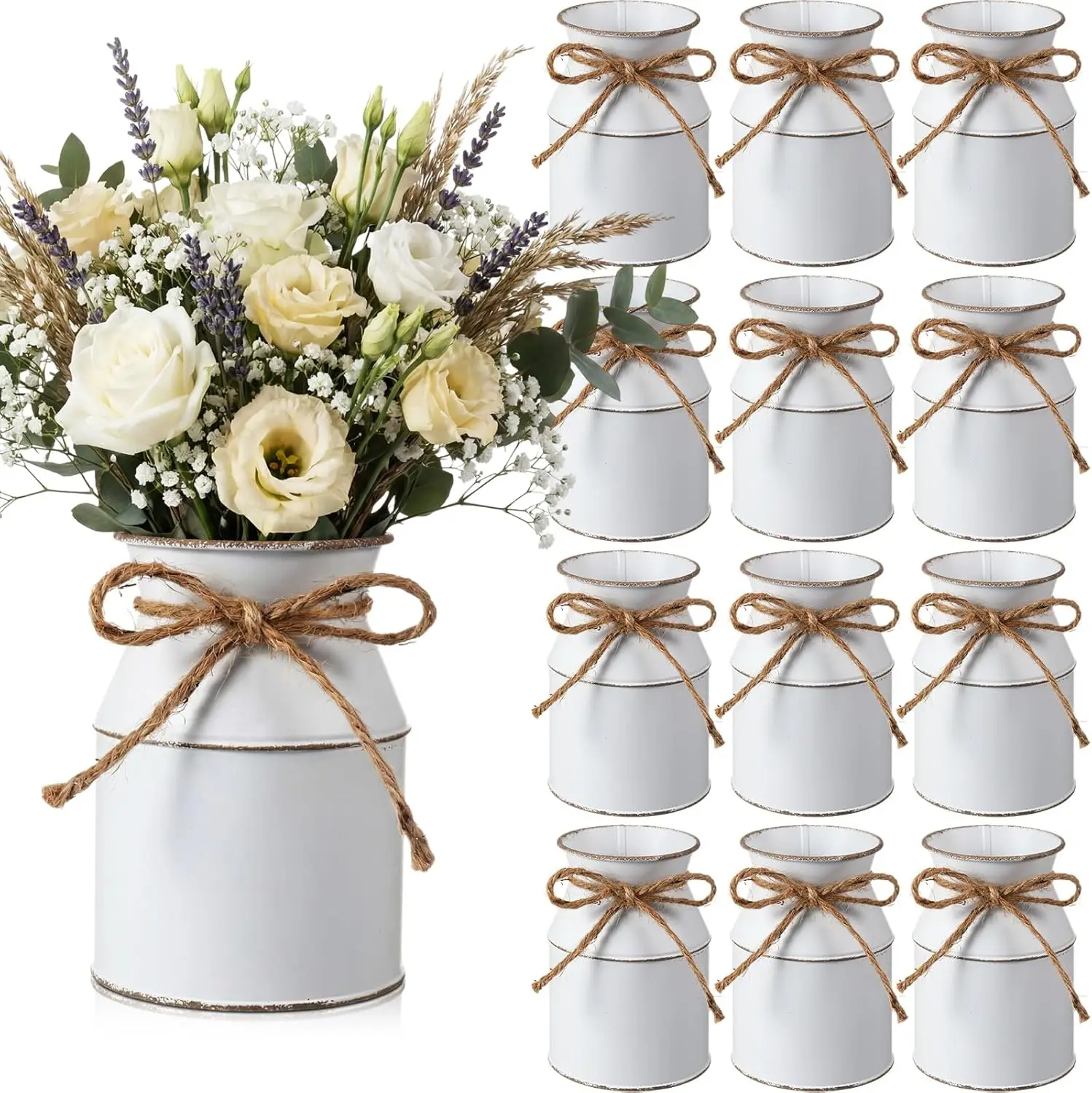 

Набор из 12 оцинкованных ваз-банок для молока в деревенском стиле с бантом, декор для свадебного стола в стиле фермерского дома, винтажный белый (5,12 дюйма)