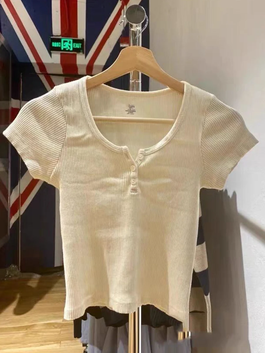 Three Buttons Creamy Yellow Cute T-Shirts Women 2023 Summer O-Neck Soft Cotton Short Sleeve Slim Tees Y2k Sweet Girl Crop Tops