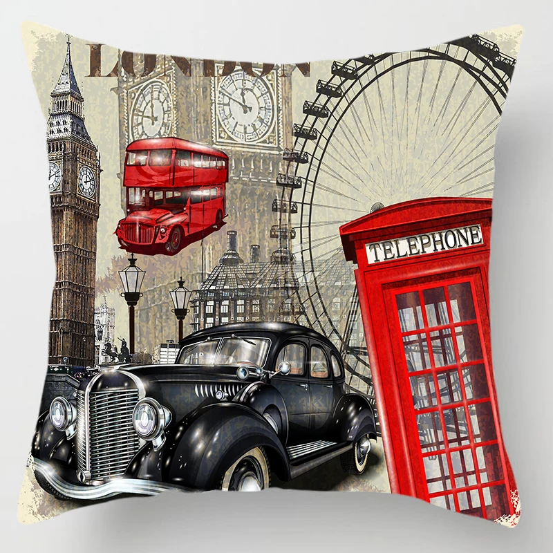 Vintage Style Car Motobike Telephone Hall Oil Painting Pillow Covers Short Plush Sofa Pillow Covers Square Pillow Cases Cover