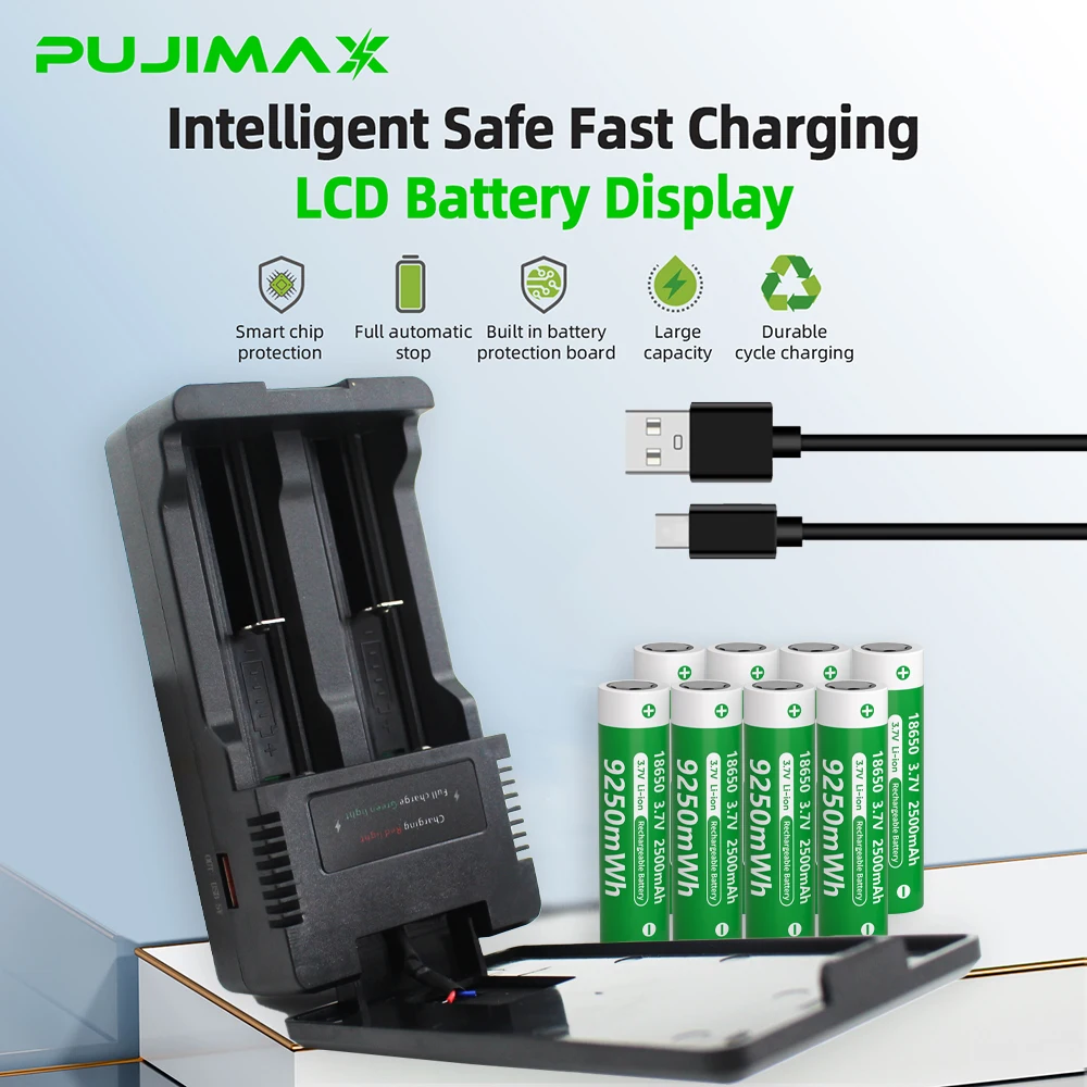 PUJIMAX 3.7V 2500mAh 18650 Batteries 18650 Lithium Rechargeable Battery Flashlight Toy Fans Pointer Battery+Type C Solar Charger