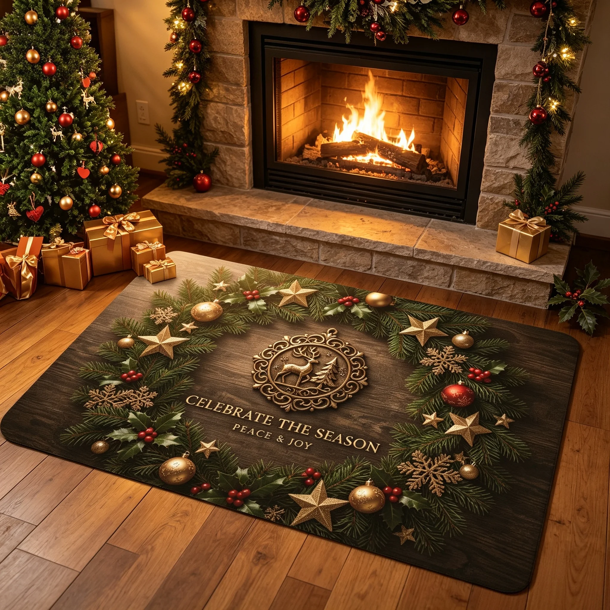 Peace Joy Reindeer Christmas Area Rug Pine Branch Wreath Golden Ball Print Mat Holiday Party Home Adornment