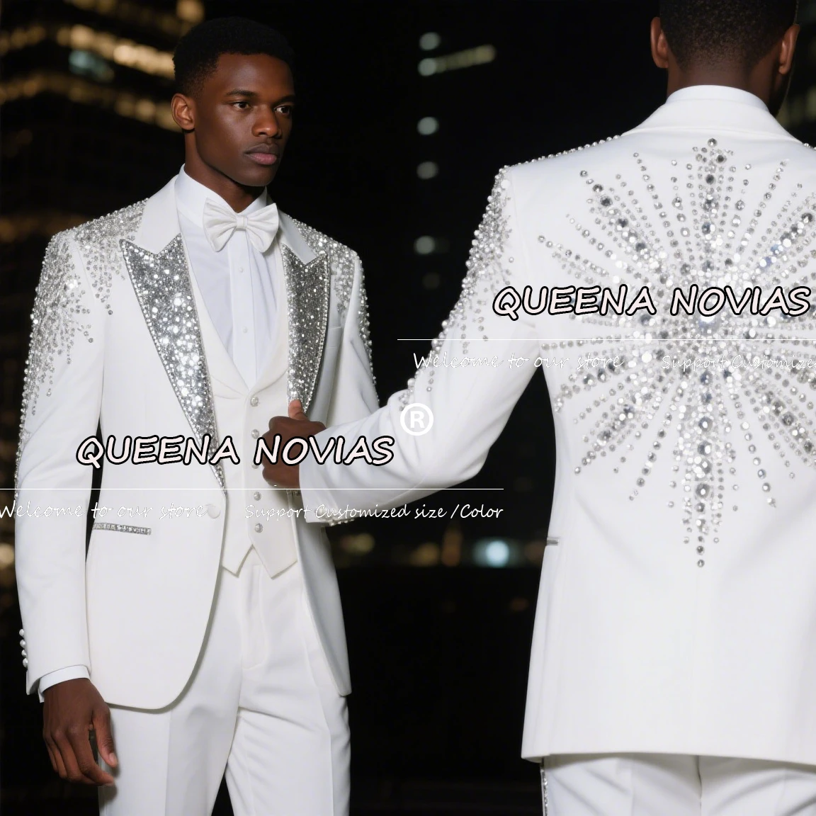 

Luxury Crystals Beaded Wedding Suits For Men 3 Pieces Sets Glittering Sequined Lapel Prom Blazers Customized Groom Tuxedos 2026