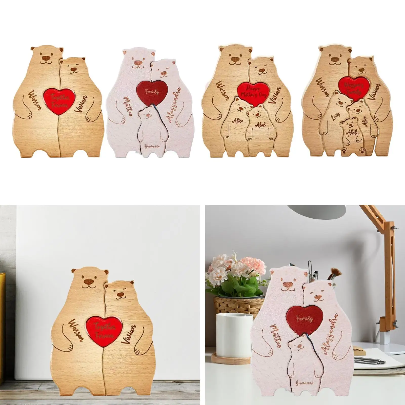 Quebra-cabeça de arte de madeira em forma de urso, decoração de madeira, decoração de mesa, escultura de presente de quebra-cabeça de madeira, família de ursos para casa, aquecimento