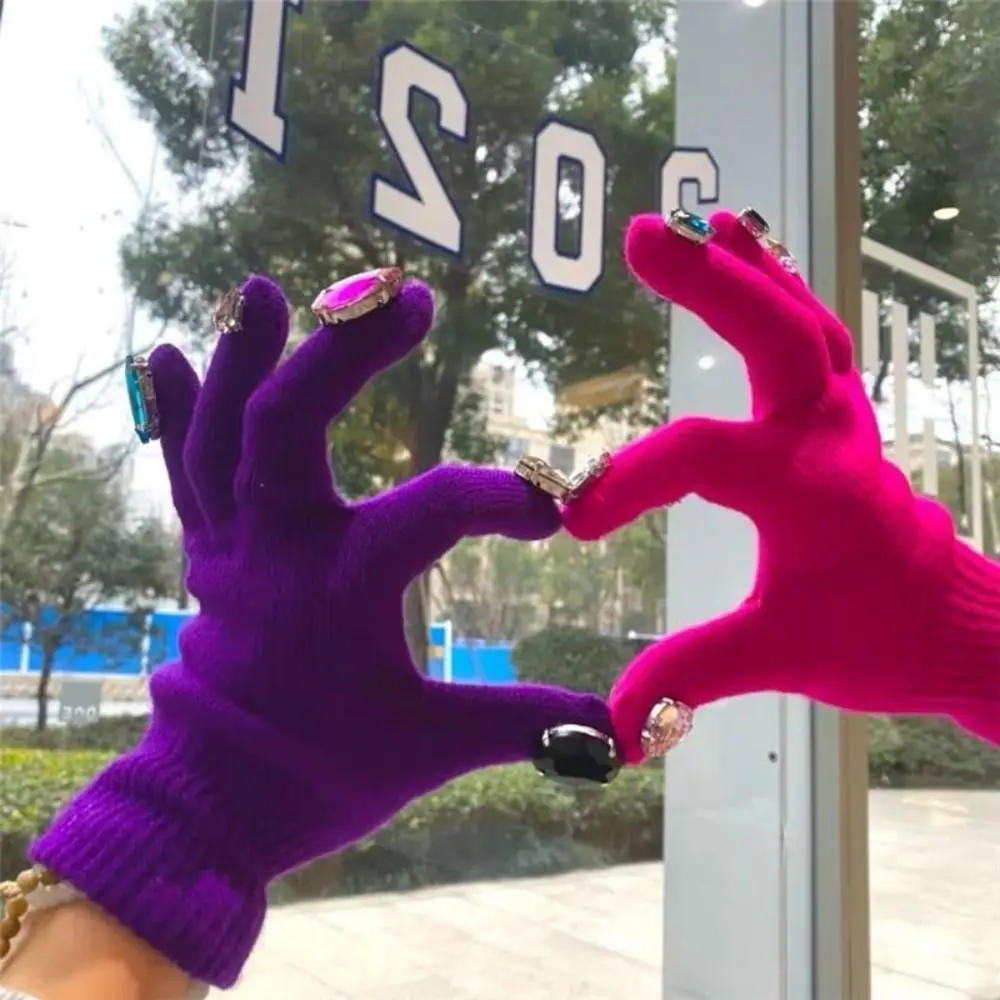 Multi-Color Rhinestone Knitted Gloves Glitter Finish Keep Warm Five-fingered Gloves Random Diamond Embellishments