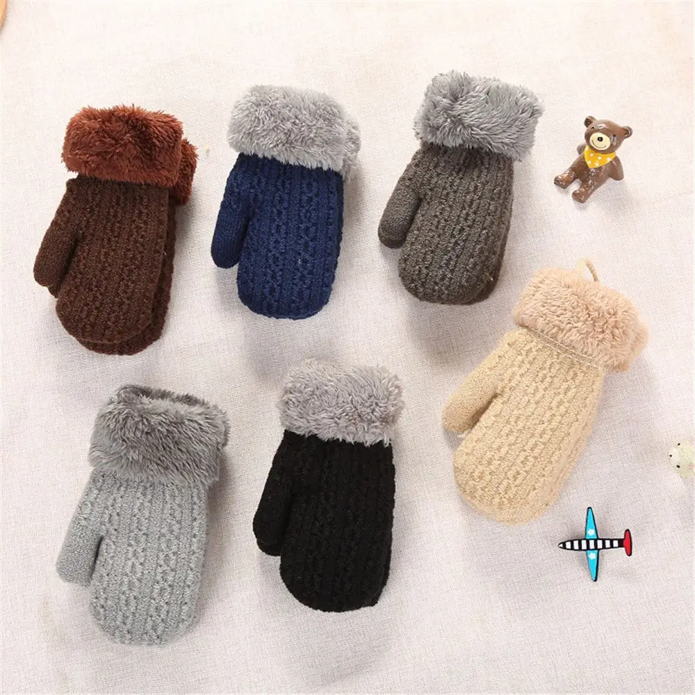 For 1-4 Years New Hot Faux Fur Hanging Neck Baby Boys Girls Kids Gloves Cute Cartoon Knitted Mittens Thick Warm