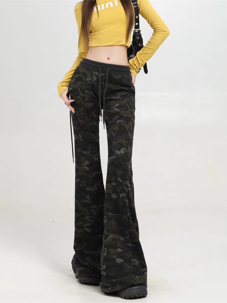 Retro American Camouflage Dstring Wide Leg Pants Women plus Size Autumn Spicy Design Sense Straight Flared Casual Pants