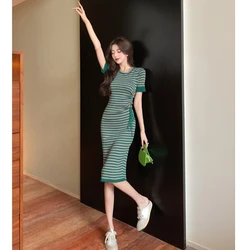 Casual O Neck z krótkim rękawem z dzianiny zielony pasek sukienka Bodycon proste szczupłe kobiety sznurkiem Vestidos De Mujer Sexy sukienki