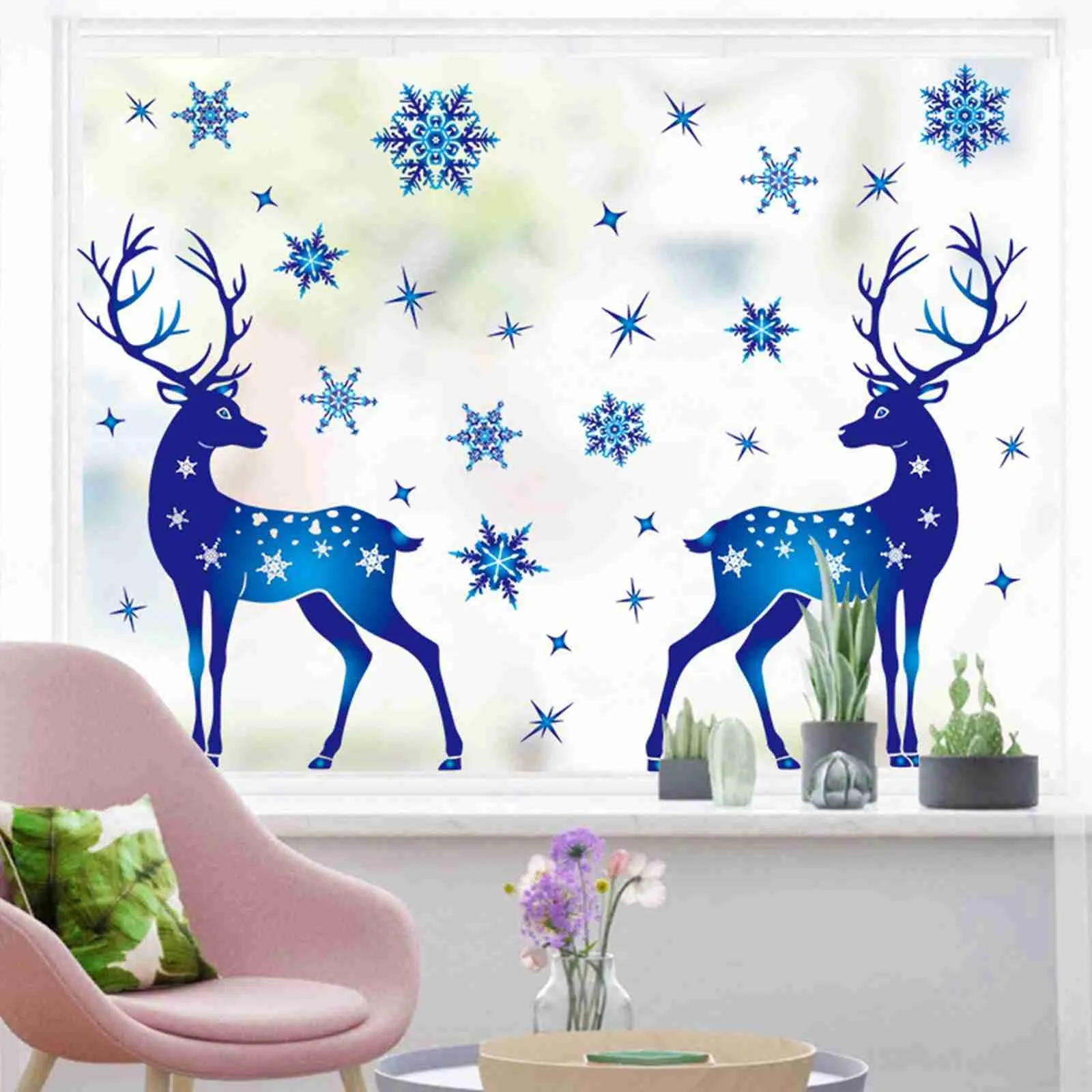 Adorno adhesivo navideño para ventana, pegatina de copo de nieve, pegatina decorativa para ventana de cristal, pegatina de pared de alce y copo de nieve azul de Navidad
