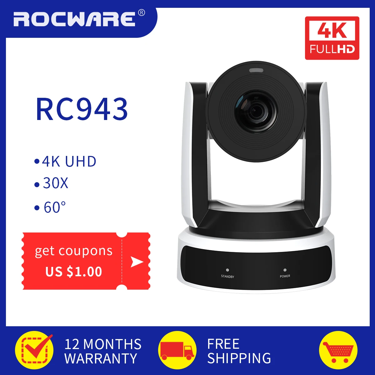 RC943 4K 60FPS PTZ Video Conference Camera 30x ZOOM  For Metting Telemedicine Remote Teaching