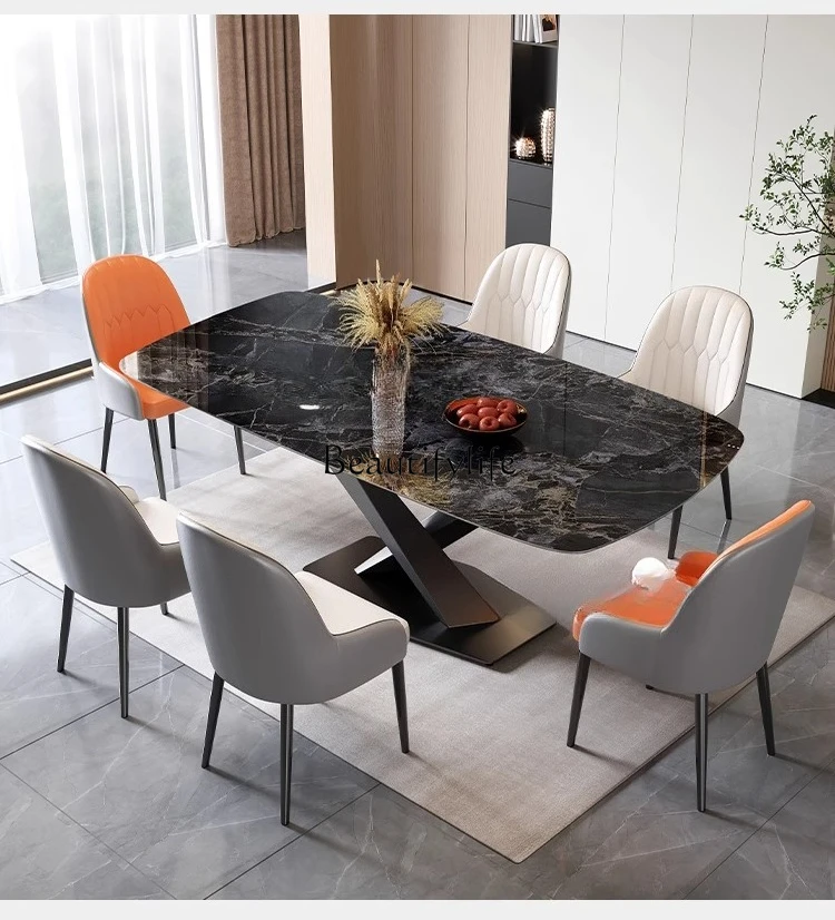 

Italian light luxury supercrystalline stone dining table and chairs rectangular microcrystalline stone dining table marble