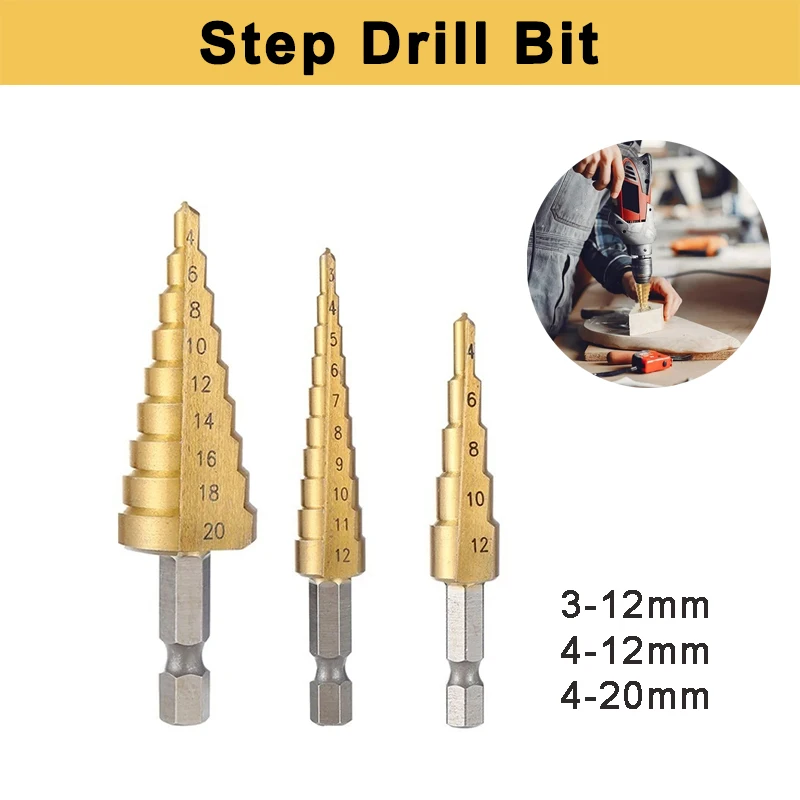 

Step Drill 3-12mm 4-12mm 4-20mm High Speed Stepped Drill Set 1/4'' Hexagonal Shank Titanium Plated Drill Bit for Metal Wood Hole