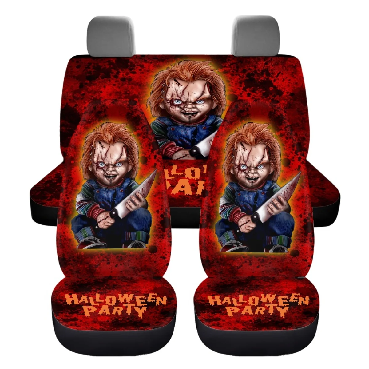 Horror Movie Killer Halloween Decoration Chucky Front Back Seat Cover Set Seat Belt Steering Wheel Covers Interior Accessories