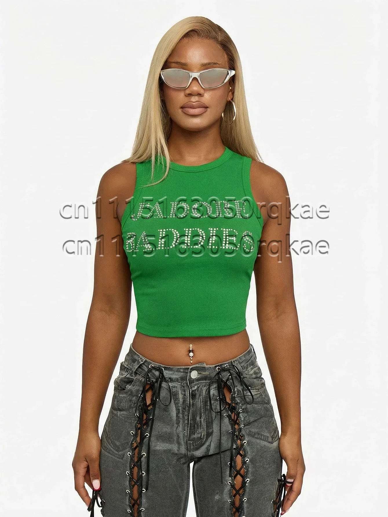 Women Hot Girl America's Dot Design Graphic Crop Tank Top Contrast Sleeveless Slim Y2K Street Vest