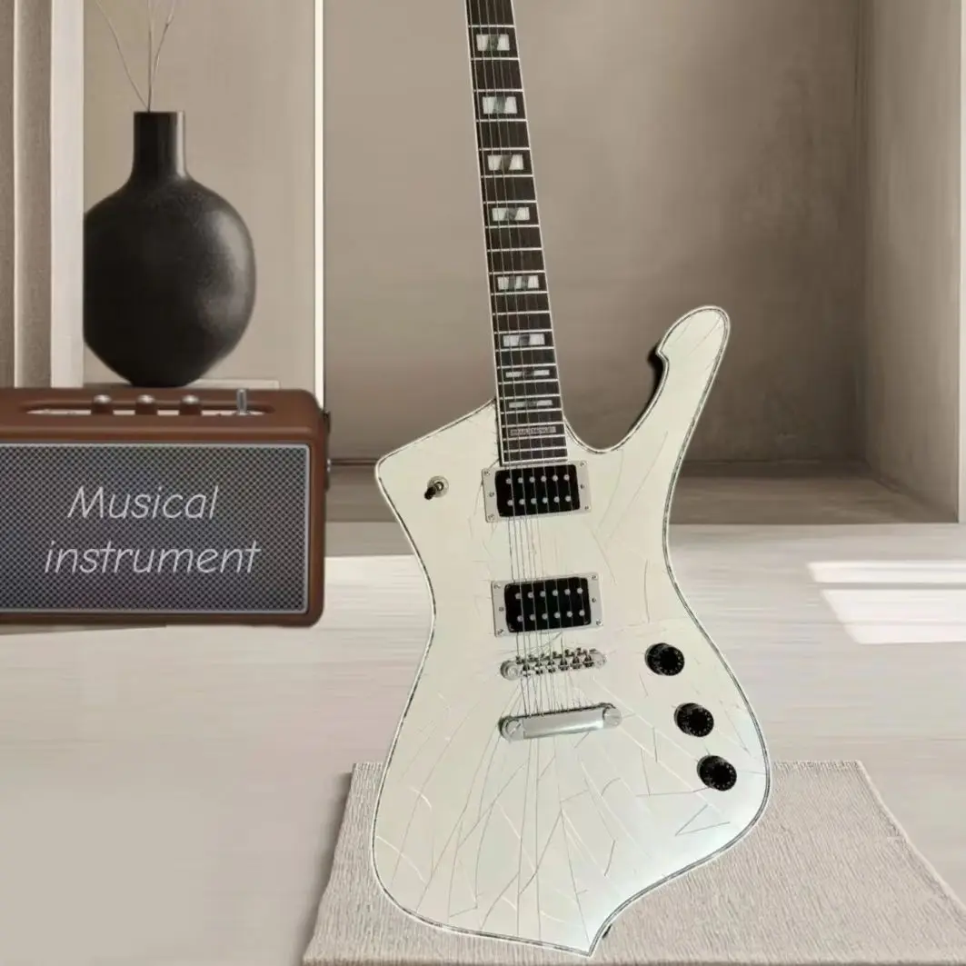 Handmade Transparent Irregular Shaped Electric Guitar Ice Cracked Panel with 6 Strings Fixed Bridge, Special Style Instrument