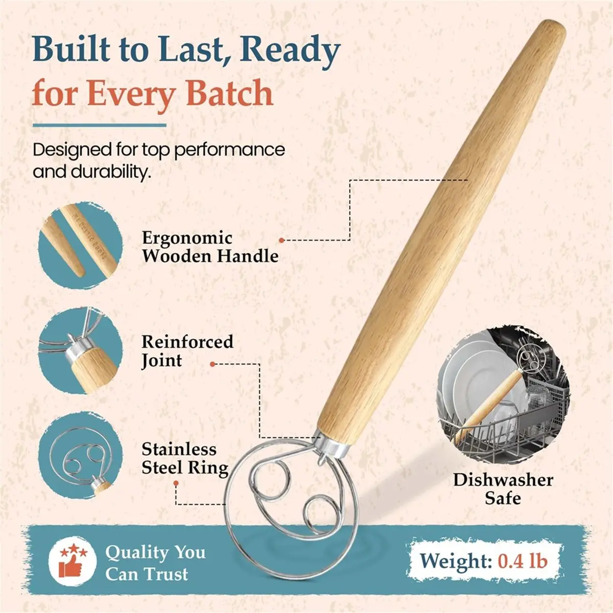 Danish Dough Whisk, Stainless Steel with Ergonomic Wooden Handle for Artisan Baking